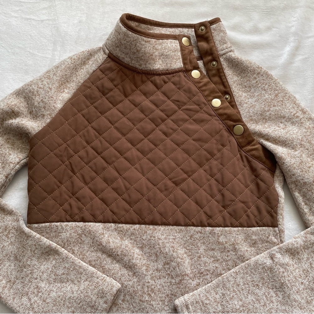 Brown Cream Knit Quilted Snap Marley Lilly Fall Winter Outerwear Pullover - Picture 5 of 5